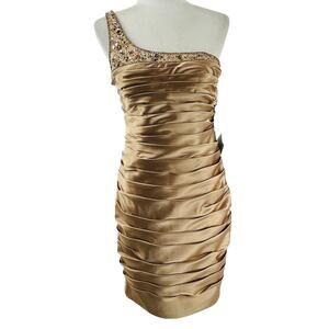 Adrianna Papell Gold Bead One Shoulder Hollywood Glam Cocktail Party Dress 8 NWT